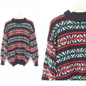 90s Vintage Expressions Intl Sz L Oversized Knit Sweater Fall Winter Snowflake‎